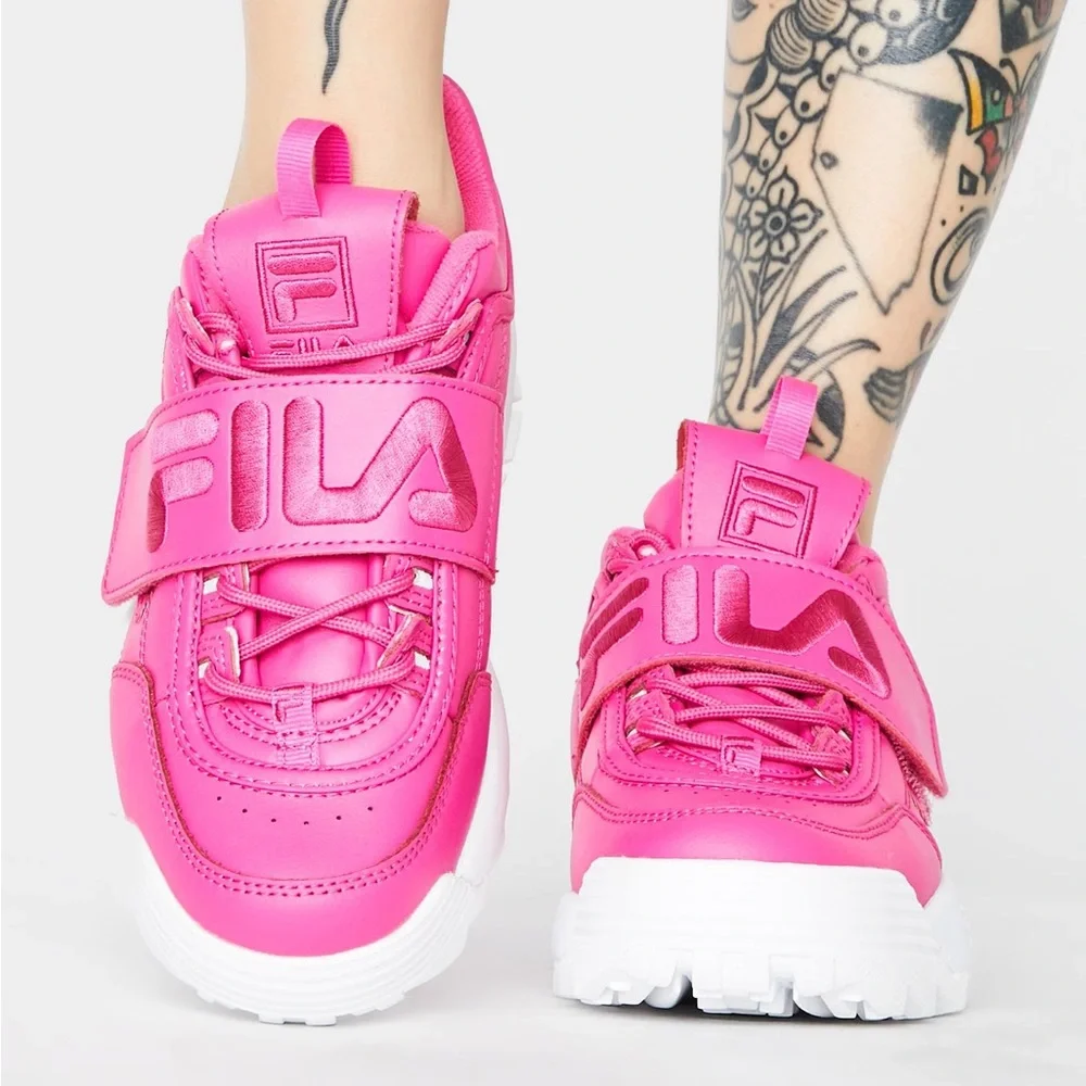 New faux leather hot pink fila disruptor strap platform sneakers
